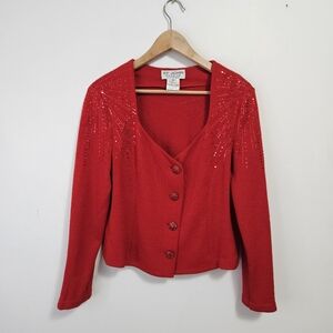 ST JOHN Evening Marie Gray Knit Jacket Sz 12 Embellished Beads Sequins Red VTG
